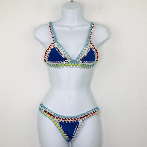Kiini Women's Small Bikini Set Swimsuit Crocheted Cheeky Stretch Blue AL28